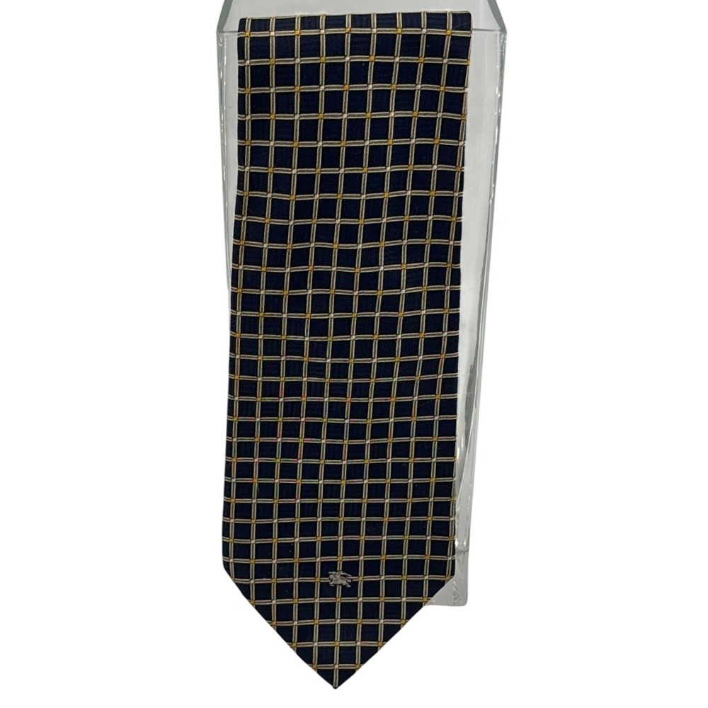 Burberrys Mens Silk Tie Navy Blue Gold Grid Check Prorsum Knight Logo Vintage‎